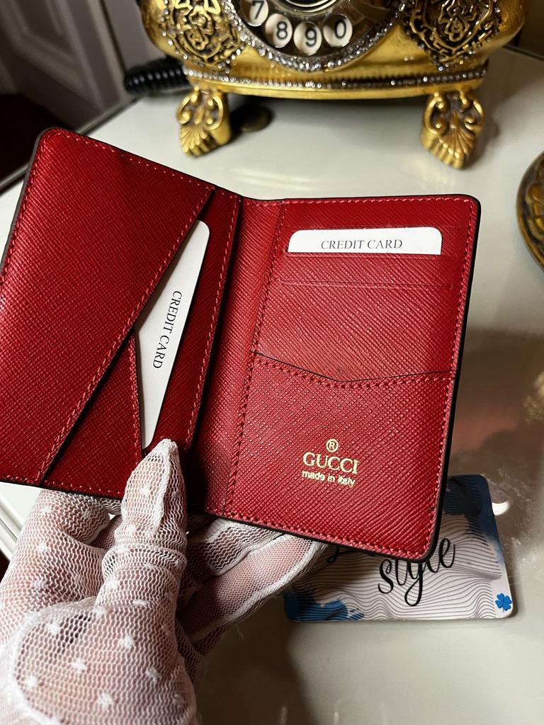 Визитница мини Гучи с красной  вставкой натуральная кожа 412515