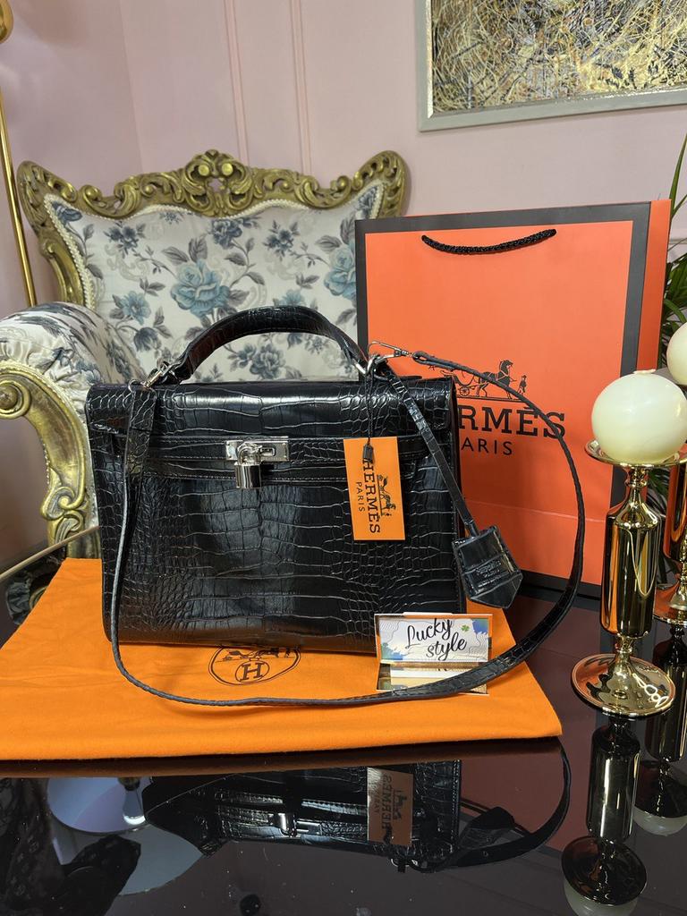 Hermes Kelly 30см чёрная серебро крокодил фурнитура 65434523