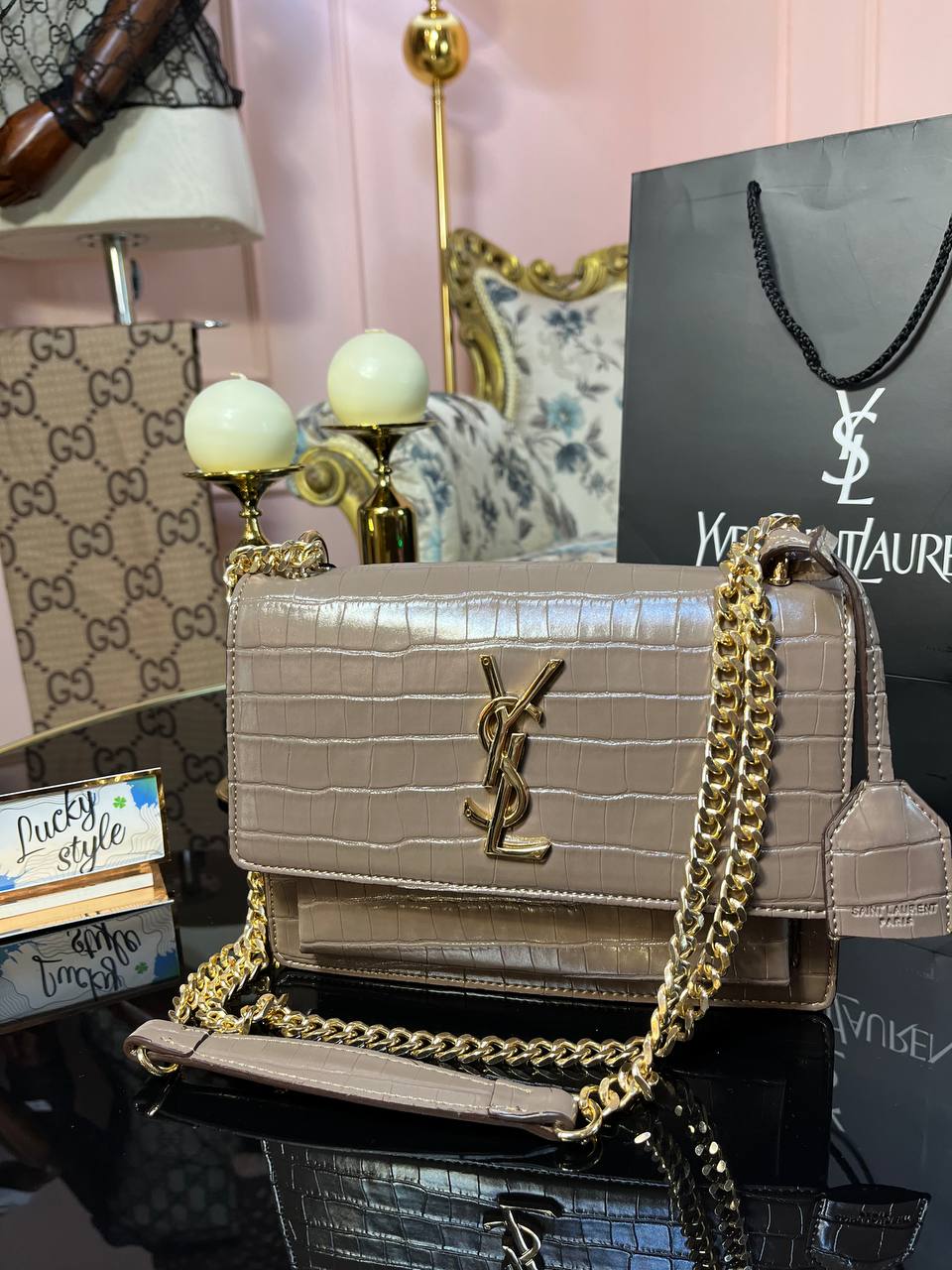 Сумка Yves Saint Laurent с тиснением под крокодила золото бежевая 14442