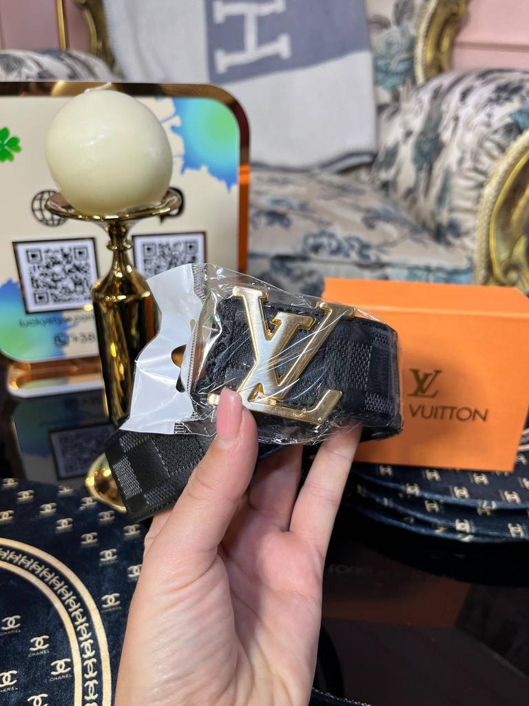 Натуральная кожа ремень LV черная шашка золотая пряжка  221145765