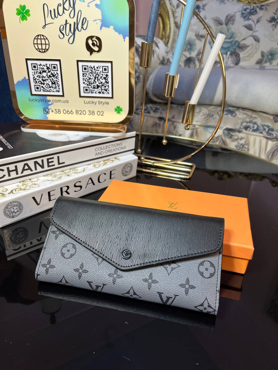 Кошелек Louis Vuitton серый монограмм с чёрной вставкой 7474563