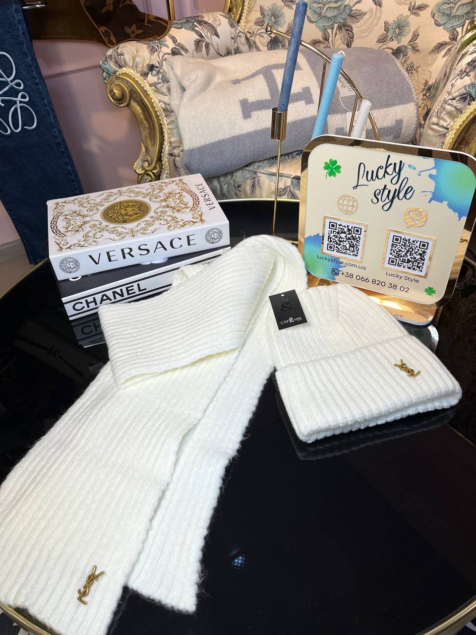 Набор шарф + шапка Ysl белого цвета 425369