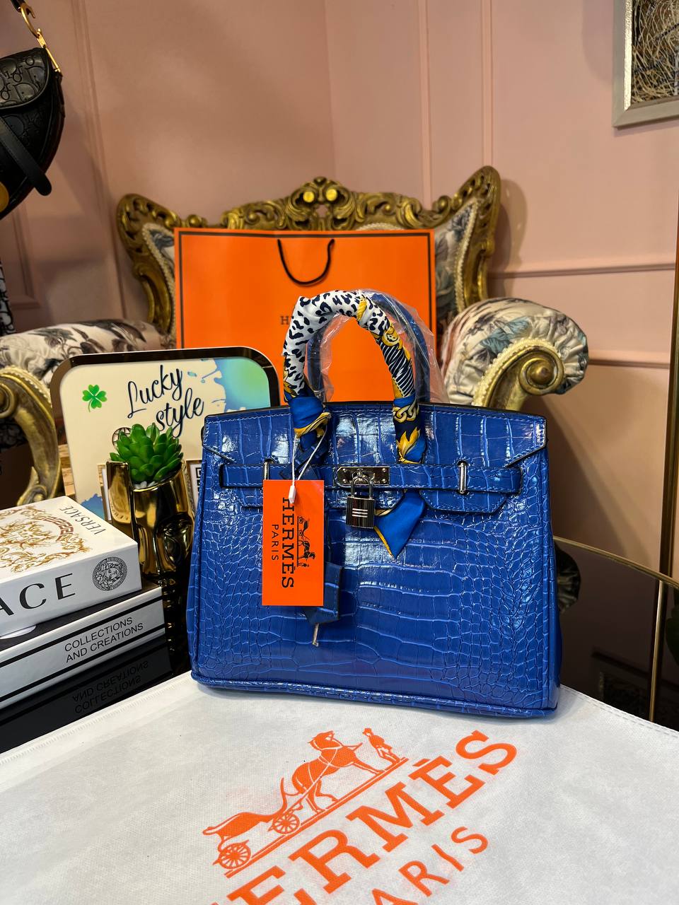 Сумка Hermes Birkin 25 см синяя под крокодил 95868