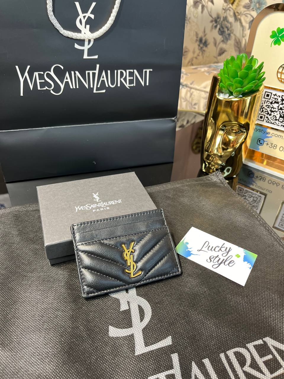 Картхолдер Ysl черный з золотой пряжкой натуральная кожа 95961