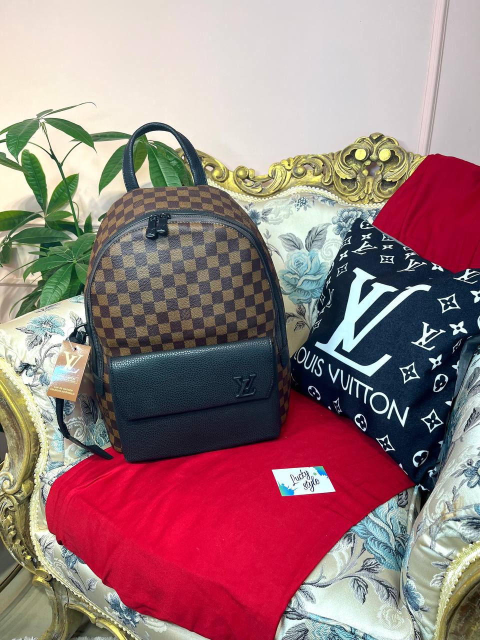 Рюкзак большой Louis Vuitton коричневая шашка 95999