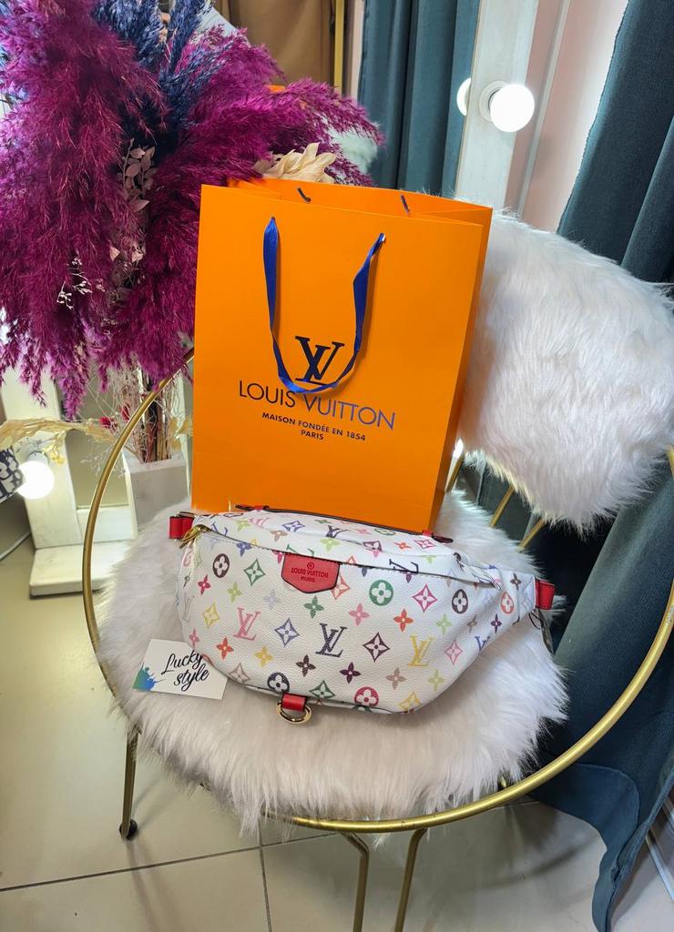 Бананка Louis Vuitton Bumbag цветная с красной ручкой 96043