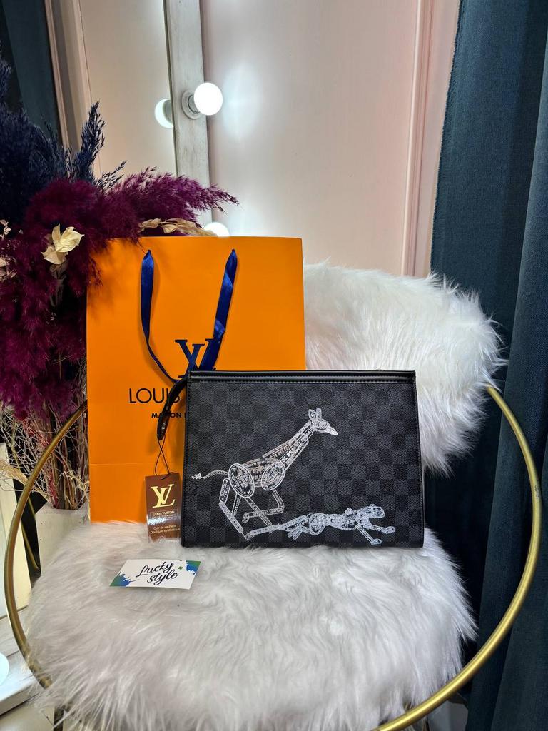 Барсетка-косметичка Louis Vuitton Clutch Man серая шашка принт 96103