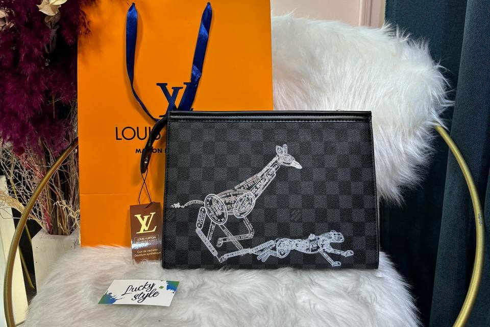Барсетка-косметичка Louis Vuitton Clutch Man серая шашка принт 96103