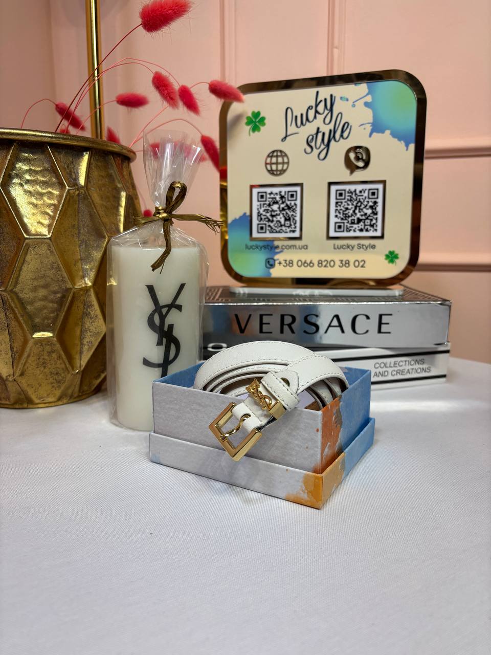 Ремень YSL белый натуральная кожа 96183