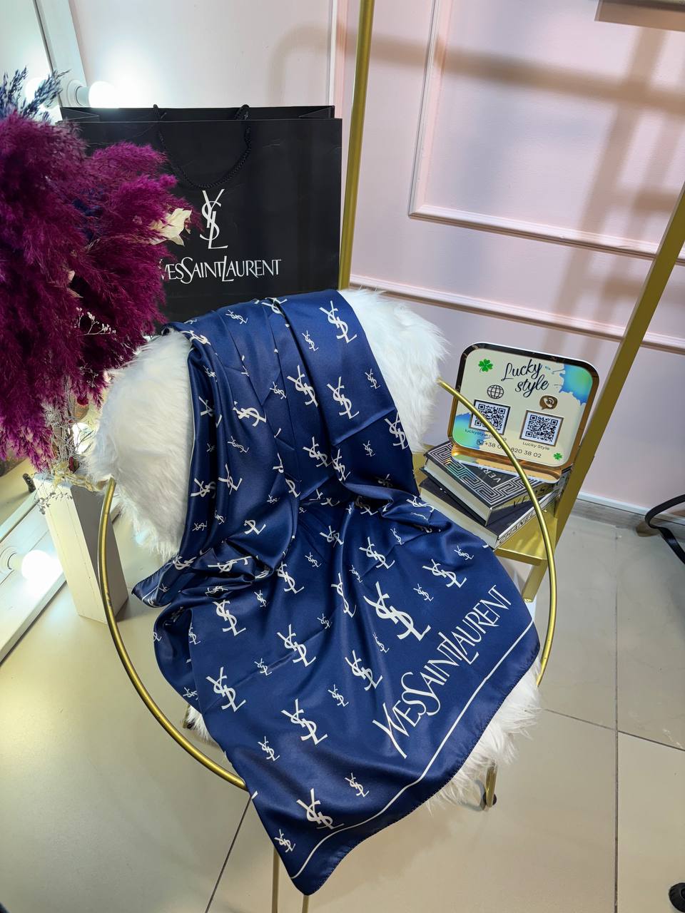 Шаль YSL шелк синяя 96232