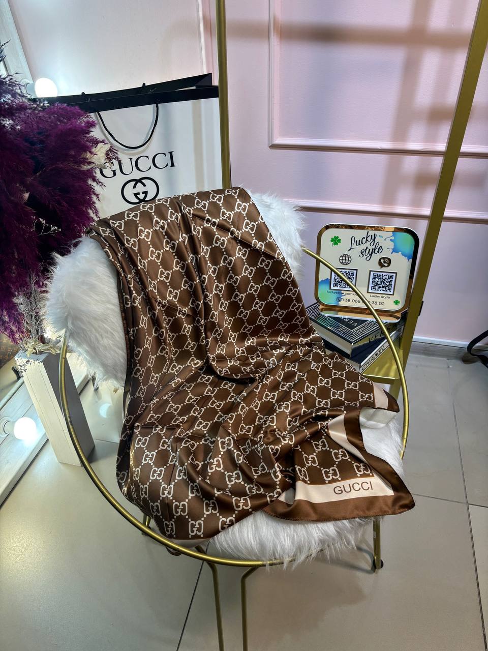 Шаль Гучи шелк коричневая 96234