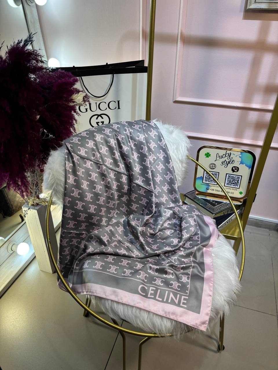 Шаль Celine шелк серо-розовая 96236