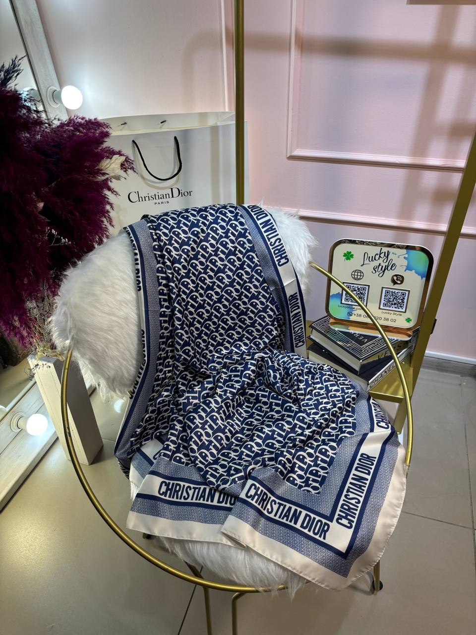 Шаль Dior шелк синяя 96239