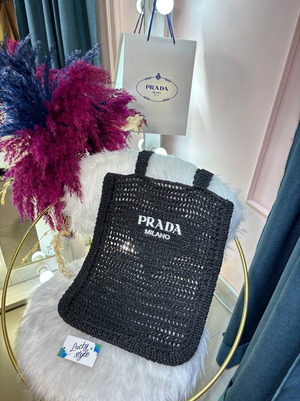 Сумка пляжная соломенная Prada черная 96318