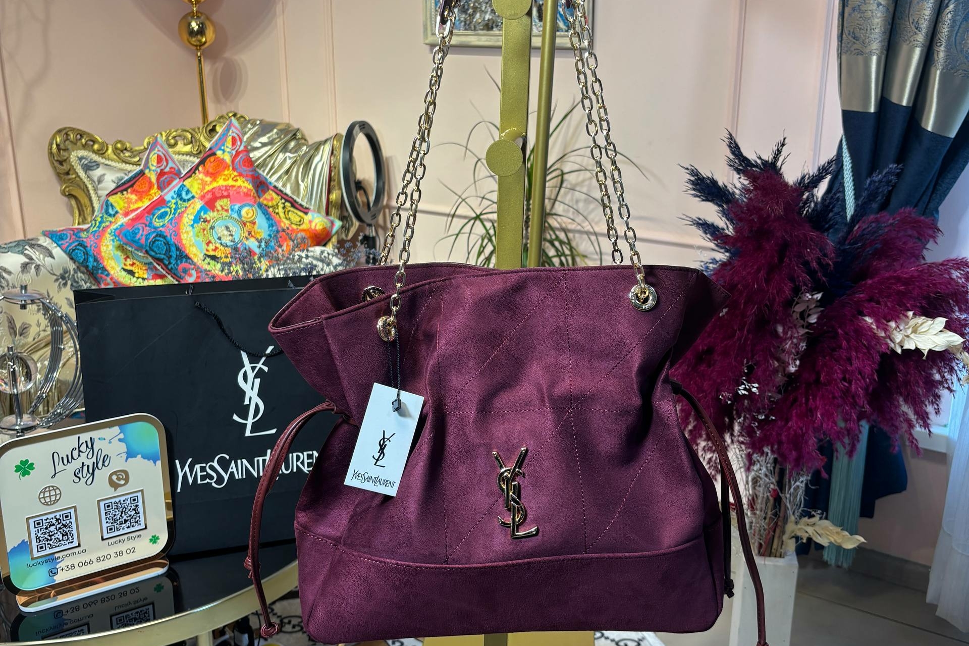 Сумка-шопер YSL Jamie бордовая под замш 95420