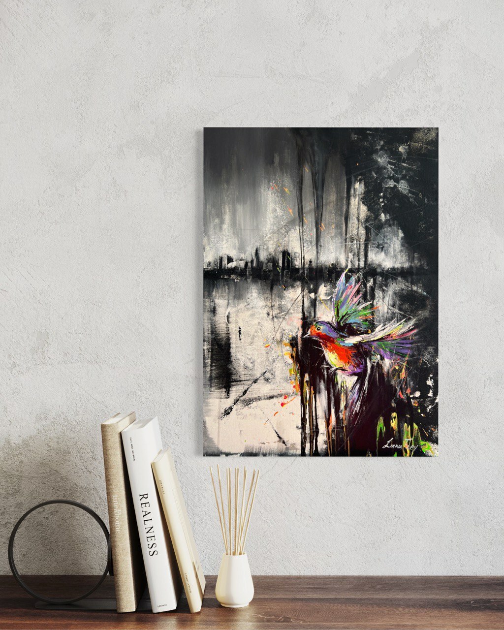 Black bird flashing in rainbow winds