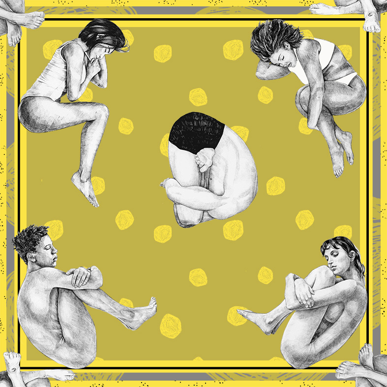 Yellow eco-silk scarf featuring illustrations of people in fetal position, textile artwork